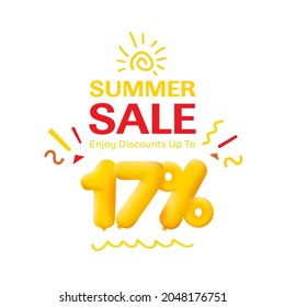 Special offer sale 17% discount 3D number Yellow tag voucher vector illustration. Discount season label 17 percent off promotion advertising summer sale coupon promo marketing banner holiday weekend