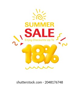 Special offer sale 18% discount 3D number Yellow tag voucher vector illustration. Discount season label 18 percent off promotion advertising summer sale coupon promo marketing banner holiday weekend