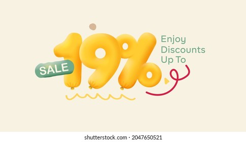 Special offer sale 19% discount 3D number Yellow tag voucher vector illustration. Discount season label 19 percent off promotion advertising summer sale coupon promo marketing banner holiday weekend