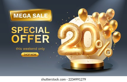 Special offer Sale 20 ballon, mega sale golden podium, black background. Vector illustration