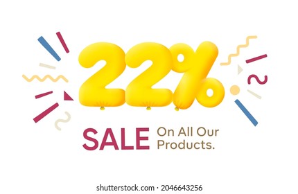 Special offer sale 22% discount 3D number Yellow tag voucher vector illustration. Discount season label 22 percent off promotion advertising summer sale coupon promo marketing banner holiday weekend
