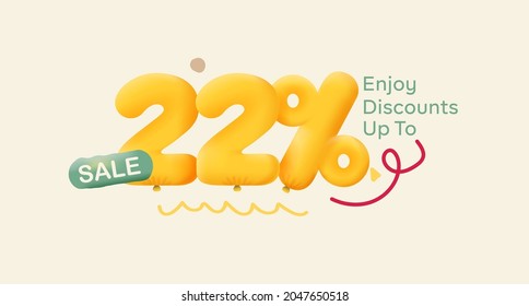 Special offer sale 22% discount 3D number Yellow tag voucher vector illustration. Discount season label 22 percent off promotion advertising summer sale coupon promo marketing banner holiday weekend