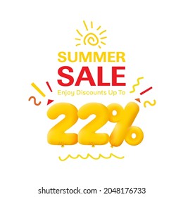 Special offer sale 22% discount 3D number Yellow tag voucher vector illustration. Discount season label 22 percent off promotion advertising summer sale coupon promo marketing banner holiday weekend