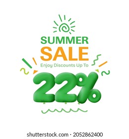 Special offer sale 22% discount 3D number Green tag voucher vector illustration. Discount season label 22 percent off promotion advertising summer sale coupon promo marketing banner holiday weekend