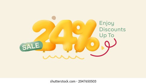 Special offer sale 24% discount 3D number Yellow tag voucher vector illustration. Discount season label 24 percent off promotion advertising summer sale coupon promo marketing banner holiday weekend