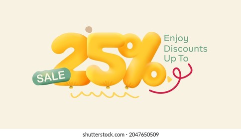 Special offer sale 25% discount 3D number Yellow tag voucher vector illustration. Discount season label 25 percent off promotion advertising summer sale coupon promo marketing banner holiday weekend