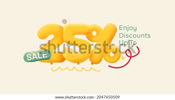 Special offer sale 25% discount 3D number Yellow\
tag voucher vector illustration. Discount season label 25 percent\
off promotion advertising summer sale coupon promo marketing banner\
holiday weekend