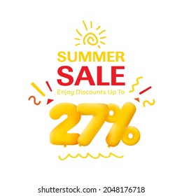 Special offer sale 27% discount 3D number Yellow tag voucher vector illustration. Discount season label 27 percent off promotion advertising summer sale coupon promo marketing banner holiday weekend