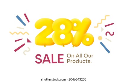 Special offer sale 28% discount 3D number Yellow tag voucher vector illustration. Discount season label 28 percent off promotion advertising summer sale coupon promo marketing banner holiday weekend