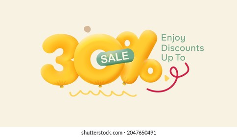 Oferta especial 30% descuento número 3D Etiqueta Amarilla vectorial ilustración. Etiqueta de temporada de descuento 30 por ciento de promoción publicidad venta de verano cupón promocional banner de marketing fin de semana festivo