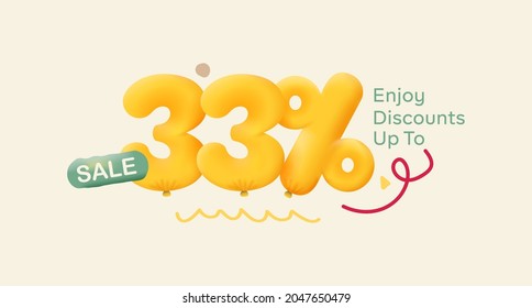 Special offer sale 33% discount 3D number Yellow tag voucher vector illustration. Discount season label 33 percent off promotion advertising summer sale coupon promo marketing banner holiday weekend