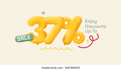 Special offer sale 37% discount 3D number Yellow tag voucher vector illustration. Discount season label 37 percent off promotion advertising summer sale coupon promo marketing banner holiday weekend
