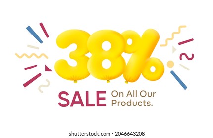 Special offer sale 38% discount 3D number Yellow tag voucher vector illustration. Discount season label 38 percent off promotion advertising summer sale coupon promo marketing banner holiday weekend