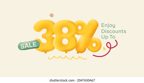 Special offer sale 38% discount 3D number Yellow tag voucher vector illustration. Discount season label 38 percent off promotion advertising summer sale coupon promo marketing banner holiday weekend