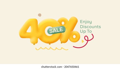 Special offer sale 40% discount 3D number Yellow tag voucher vector illustration. Discount season label 40 percent off promotion advertising summer sale coupon promo marketing banner holiday weekend