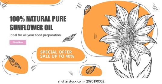 Special offer and sale up to 40 percent in online shop or store. Natural and pure sunflower oil for seasoning and cooking nutritious dishes. Website or landing page template, vector in flat style