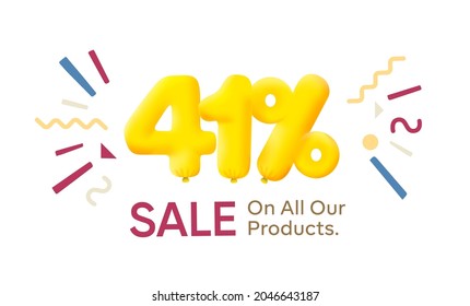 Special offer sale 41% discount 3D number Yellow tag voucher vector illustration. Discount season label 41 percent off promotion advertising summer sale coupon promo marketing banner holiday weekend