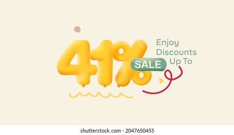 Special offer sale 41% discount 3D number Yellow tag voucher vector illustration. Discount season label 41 percent off promotion advertising summer sale coupon promo marketing banner holiday weekend