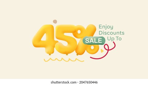 Special offer sale 45% discount 3D number Yellow tag voucher vector illustration. Discount season label 45 percent off promotion advertising summer sale coupon promo marketing banner holiday weekend