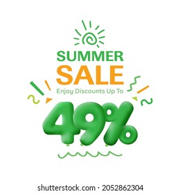 Special offer sale 49% discount 3D number Green tag voucher vector illustration. Discount season label 49 percent off promotion advertising summer sale coupon promo marketing banner holiday weekend