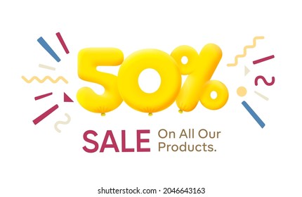Special offer sale 50% discount 3D number Yellow tag voucher vector illustration. Discount season label 50 percent off promotion advertising summer sale coupon promo marketing banner holiday weekend