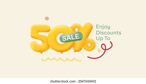 Special offer sale 50% discount 3D number Yellow tag voucher vector illustration. Discount season label 50 percent off promotion advertising summer sale coupon promo marketing banner holiday weekend