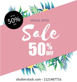 Special Offer Sale 50% Off Jungle Leaf Pink Background Vector Image
