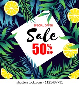 Special Offer Sale 50% Off Jungle Leaf And Lemon Background Vector Image
