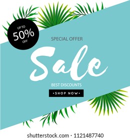 Special Offer Sale Up To 50% Off Leaves Blue Background Vector Image
