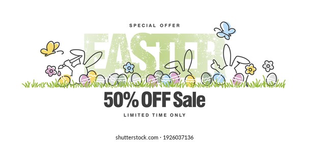 Special offer Sale 50% off. Easter white background with butterfly, rabbit and spring flowers colorful eggs in a pattern of green grass