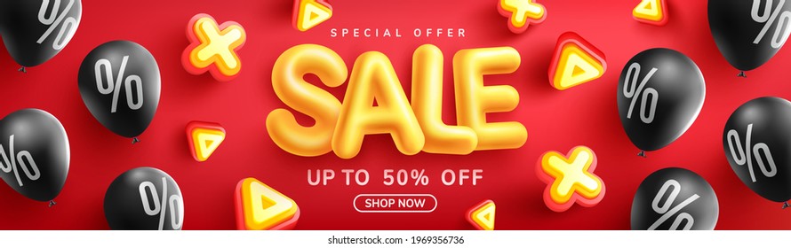 Special Offer Sale up to 50% Off Poster or banner with Black Balloons Discount Sign and Yellow Sale font for Retail,Shopping or promotion.Sale banner template design for social media and website.