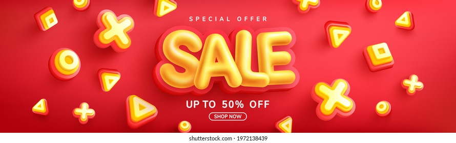 Special Offer Sale 50% Off Poster or banner with Yellow Sale font on red background for Retail,Shopping or promotion.Sale banner template design for social media and website.50% Off sale special offer