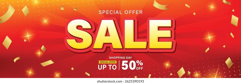 Special Offer Sale 50% Off Poster or banner with Yellow Sale font on red background for Retail, Shopping or promotion. Sale banner template design for social media and website.50% Off sale special off
