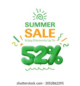 Special offer sale 52% discount 3D number Green tag voucher vector illustration. Discount season label 52 percent off promotion advertising summer sale coupon promo marketing banner holiday weekend