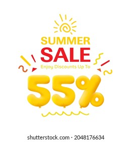 Special offer sale 55% discount 3D number Yellow tag voucher vector illustration. Discount season label 55 percent off promotion advertising summer sale coupon promo marketing banner holiday weekend