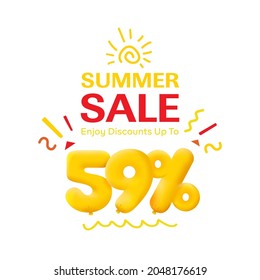 Special offer sale 59% discount 3D number Yellow tag voucher vector illustration. Discount season label 59 percent off promotion advertising summer sale coupon promo marketing banner holiday weekend