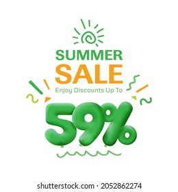 Special offer sale 59% discount 3D number Green tag voucher vector illustration. Discount season label 59 percent off promotion advertising summer sale coupon promo marketing banner holiday weekend