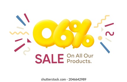 Special offer sale 6% discount 3D number Yellow tag voucher vector illustration. Discount season label 6 percent off promotion advertising summer sale coupon promo marketing banner holiday weekend