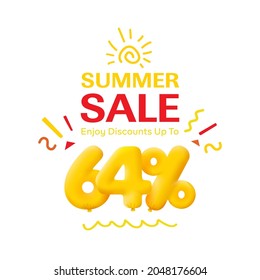 Special offer sale 64% discount 3D number Yellow tag voucher vector illustration. Discount season label 64 percent off promotion advertising summer sale coupon promo marketing banner holiday weekend