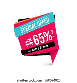 Special Offer Sale with 65% off on every brand. Sale paper tag or banner design.