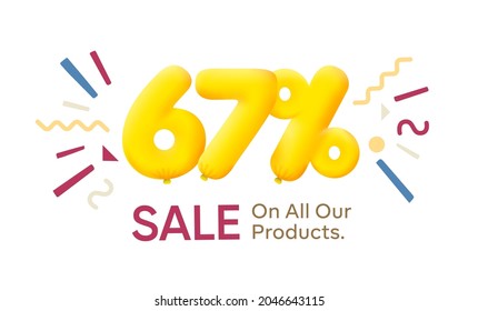 Special offer sale 67% discount 3D number Yellow tag voucher vector illustration. Discount season label 67 percent off promotion advertising summer sale coupon promo marketing banner holiday weekend