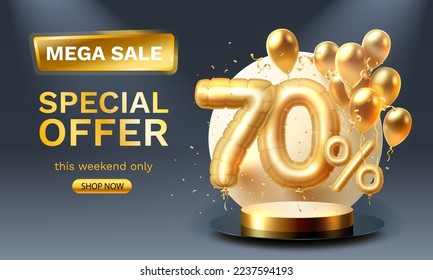 Special offer Sale 70 ballon, mega sale golden podium, black background. Vector illustration