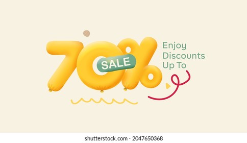 Special offer sale 70% discount 3D number Yellow tag voucher vector illustration. Discount season label 70 percent off promotion advertising summer sale coupon promo marketing banner holiday weekend
