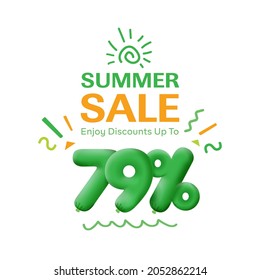 Special offer sale 79% discount 3D number Green tag voucher vector illustration. Discount season label 79 percent off promotion advertising summer sale coupon promo marketing banner holiday weekend