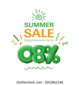 Special offer sale 8% discount 3D number Green tag voucher vector illustration. Discount season label 8 percent off promotion advertising summer sale coupon promo marketing banner holiday weekend