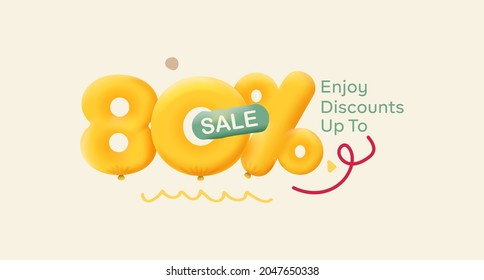 Oferta especial 80% descuento número 3D Etiqueta Amarilla vectorial ilustración. Etiqueta de temporada de descuento 80 por ciento de descuento promoción publicidad venta de verano cupón promocional banner de marketing fin de semana festivo