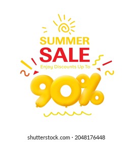 Special offer sale 90% discount 3D number Yellow tag voucher vector illustration. Discount season label 90 percent off promotion advertising summer sale coupon promo marketing banner holiday weekend