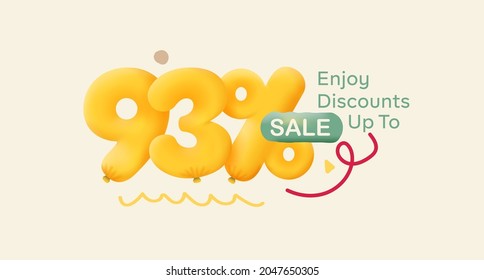 Special offer sale 93% discount 3D number Yellow tag voucher vector illustration. Discount season label 93 percent off promotion advertising summer sale coupon promo marketing banner holiday weekend