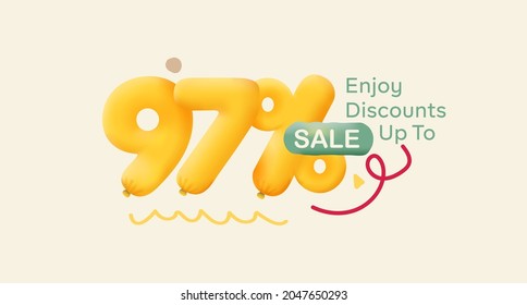 Special offer sale 97% discount 3D number Yellow tag voucher vector illustration. Discount season label 97 percent off promotion advertising summer sale coupon promo marketing banner holiday weekend