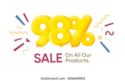 Special offer sale 98% discount 3D number Yellow tag voucher vector illustration. Discount season label 98 percent off promotion advertising summer sale coupon promo marketing banner holiday weekend